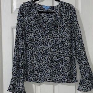CeCe Blue Floral blouse with Ruffle Vneck and sleeve cuffs